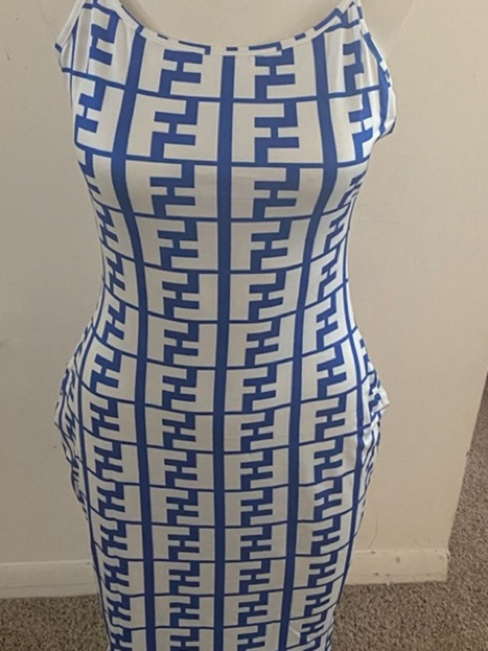 Size Large Blue & White Geometric-Print Spaghetti Strap Dress - Picture 2 of 2